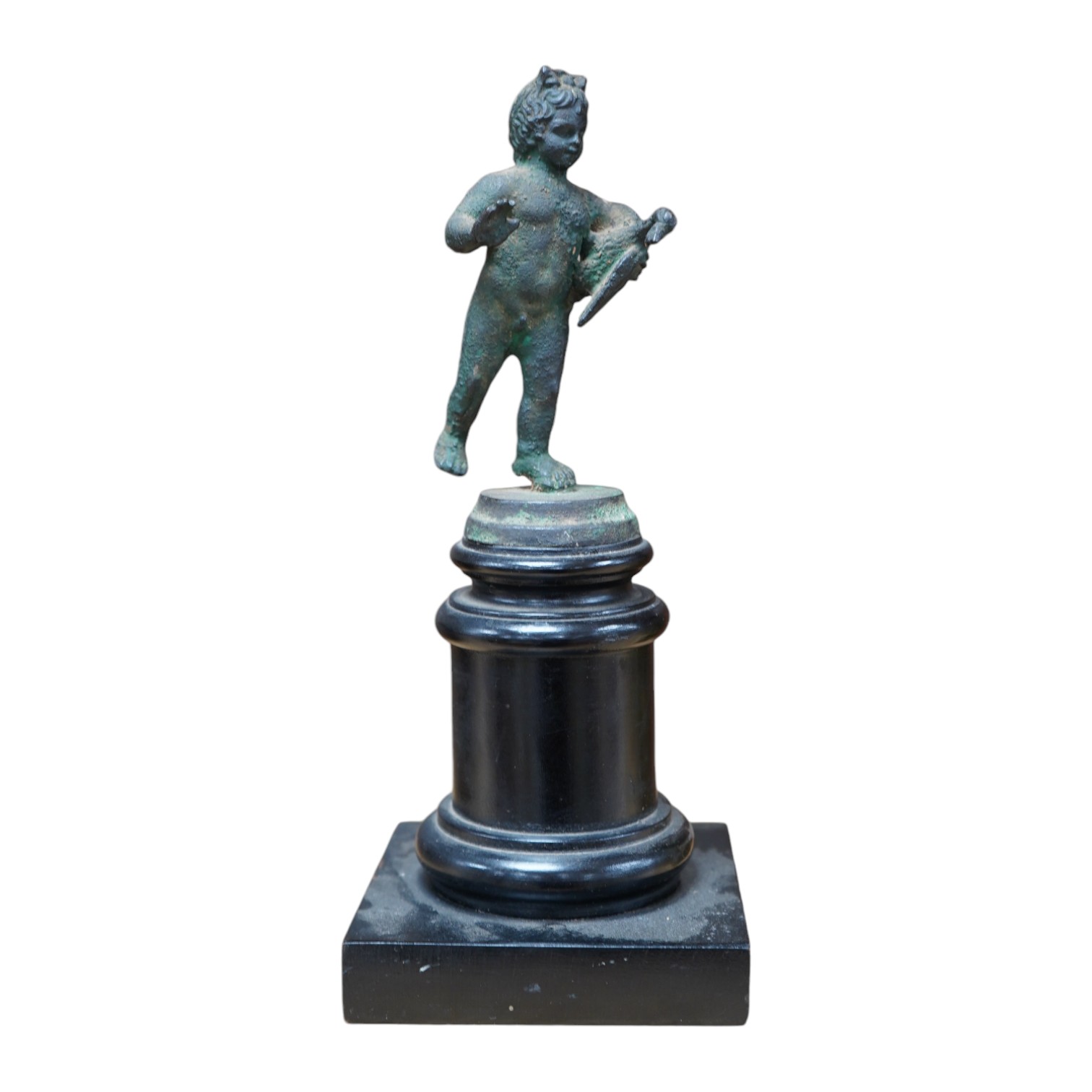 A bronze model of a putto, possibly Roman, holding a duck, on a circular plinth, 24.5cm. Condition - fair to good.